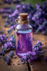 Lavender oil in a transparent bottle with a cork, surrounded by fresh lavender blooms on a wooden surface.