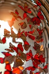 A flock of red butterflies flying in the rays of the sun.