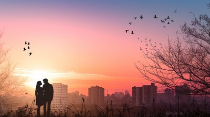 Romantic couple on the roof at sunset. Silhouette of a man and a woman on the background of the setting sun.