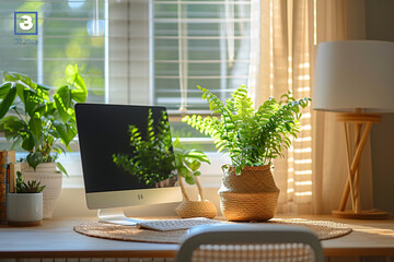 Minimalist Scandinavian Interior Home Office Room, Home Workstation Table Chair, Desk and Frame Interior Home living Room, Minimalist Scandinavian Plants Vase and Frame on wall sunlight from window