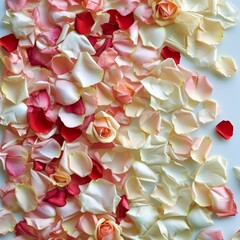 Rose petals on a white background. Flat lay, top view.