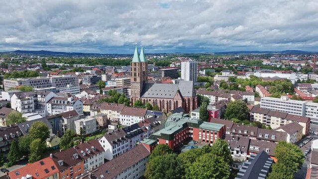 Aerial drone view of St. Martin ( Martinskirche )  . St Martin's Church is a Protestant parish church in Kassel, Hesse, Germany