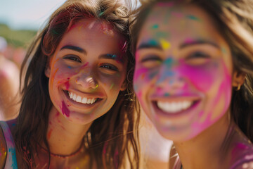 Fototapeta premium Holi festival. Happy friends with faces smeared in Holi colors, laughing and enjoying the vibrant, festive atmosphere together.