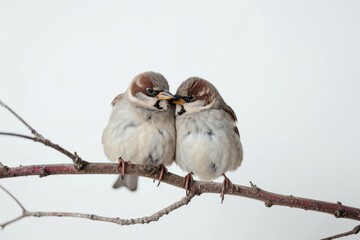 Fototapeta premium Two sparrows sitting on a branch on a white background.