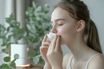 Young woman enjoying the scent of eucalyptus essential oil, concept of natural skincare and wellness at home.