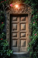 Wooden door in the garden with red flowers and green leaves.