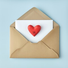 Envelope with letter and red heart on blue background. Valentine's day concept
