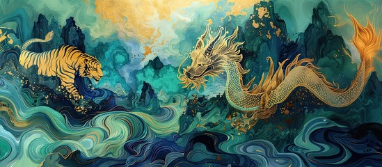 Fototapeta na wymiar dragon and tiger, Year of the Dragon, Lunar New Year, Spring Festival, chinese traditional painting, 3d wallpaper, banner, mountain and river landscape background, gold, blue, green, generative AI