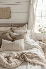 Cozy bedroom interior with white linen bedding and pillows.