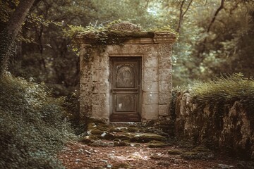 Wooden door in the forest with light from the sun at sunset