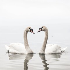 Fototapeta premium two swans swimming in the lake on a misty day.