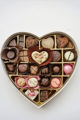 Heart shaped box of assorted chocolates on white wooden background, top view