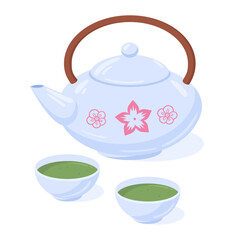 Green tea in teapot. Clay teapot and cups with healthy drink, traditional japanese green tea flat vector illustration. Cartoon green tea leaves beverage