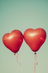 Two red heart-shaped balloons on blue sky background. Valentines day concept