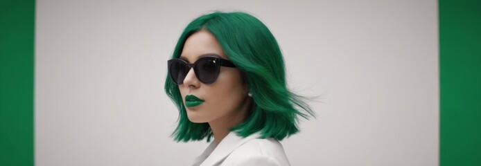 creative portrait of a woman with glasses and green hair and green lips. green accent or highlights. Concept of fashion, beauty, vintage, aesthetics and art.