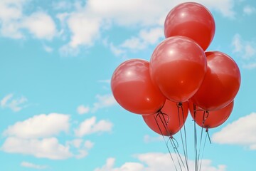 Red balloons flying in the blue sky with clouds. 3d illustration