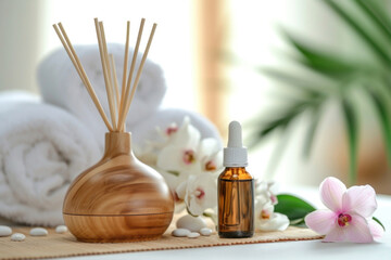 Spa setting with a wooden reed diffuser, orchid flowers, and a dropper bottle, on a natural mat with a soft background.
