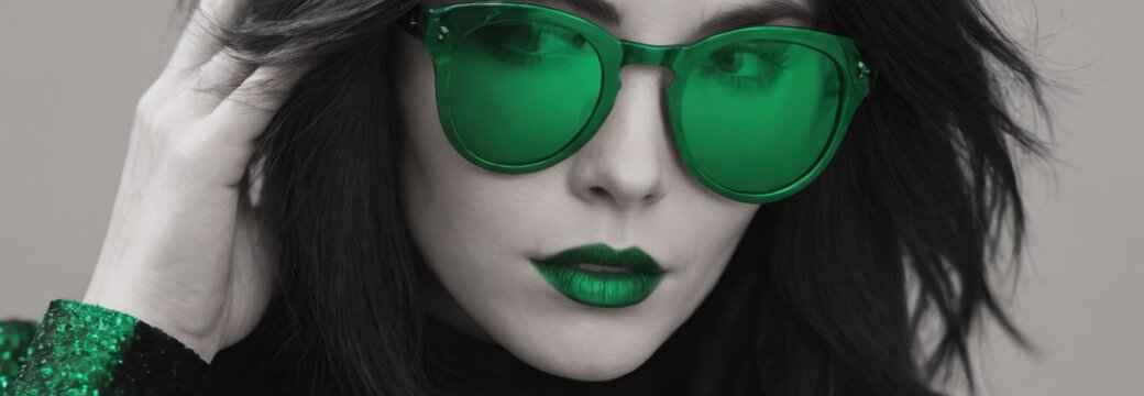 creative portrait of a woman with green glasses and green lips. In the style of a black and white photo, a color accent or highlighting green. Concept of fashion, beauty, vintage, aesthetics and art.