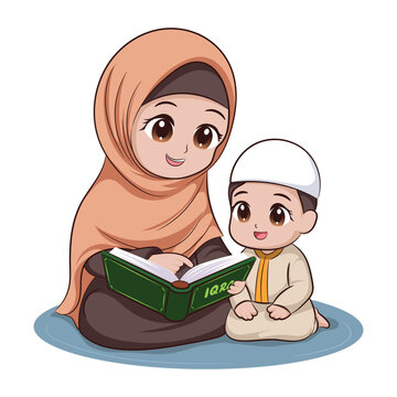 A Muslim mother is teaching reading the Koran to her son. illustration of activities in the month of Ramadan