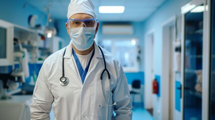 Male Doctor Wearing Medical Mask with Gloves and Glasses