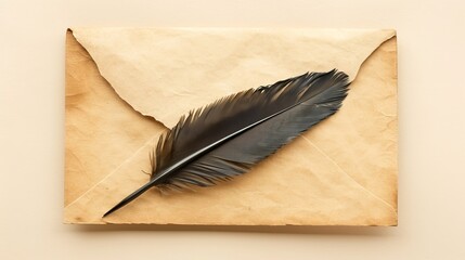 Black feather on an envelope on a beige background, top view