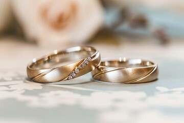 Two gold wedding rings on a white background. Close-up.