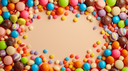Frame of colorful candies on monotone background