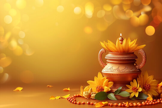 Marigold flowers in traditional Indian pot kalash on orange background with copy space. Hindu Puja. Festival Vishu celebration. Greeting card or banner for holiday Ugadi or Gudi Padwa Hindu New Year