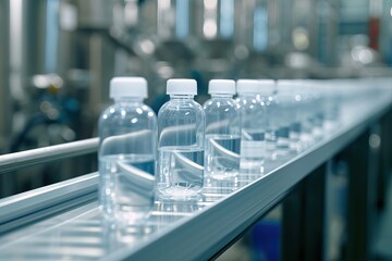 Row of plastic water bottles on a conveyor belt in a production facility.