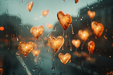 Heart-shaped lights on a snowy winter day. Christmas background.