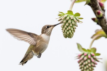 Ruby-throated Hummingbird (archilochus colubris) in flight with a flower