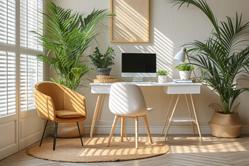 Minimalist Scandinavian Interior Home Office Room, Home Workstation Table Chair, Desk and Frame Interior Home living Room, Minimalist Scandinavian Plants Vase and Frame on wall sunlight from window