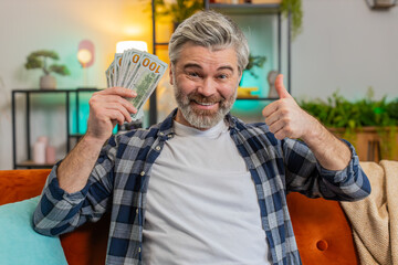 Amazed bearded senior man showing money dollar cash bills clenching at home. Joyful happy...