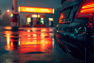 Close up of a gas station at night. The fuel crisis continues and the cost of fuel is going up - obrazy, fototapety, plakaty