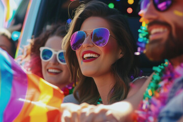 Exuberant Friends Celebrating with Joy at a Colorful Pride Parade