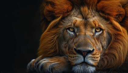 Fototapeta premium Portrait of a male lion on a black background. Close-up