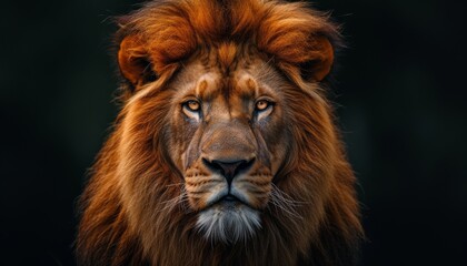 Portrait of a male lion on a black background. Close-up