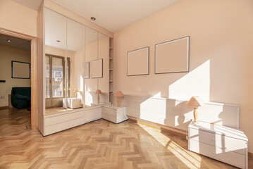A room with bedroom furniture without a bed and with mirror doors on the closets
