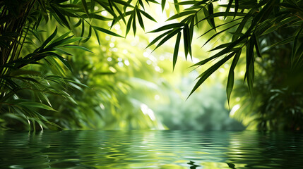 Bamboo background - lush foliage with reflection in the water.