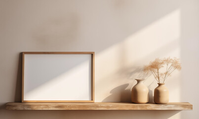 Frame mockup on a shelf. Boho interior style
