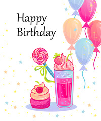 Happy Birthday card with milkshake, cupcake and air balloons. Pink aesthetic. Place for text. Vector illustration.