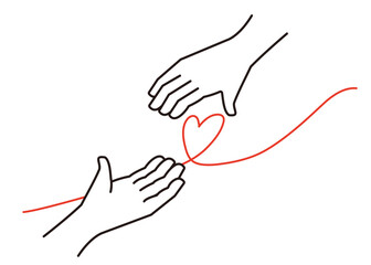 差し伸べる手とつながるハートの線画イラスト ー 協力・援助・救出のイメージ