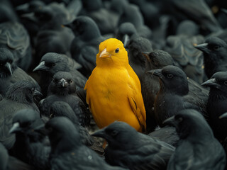 yellow bird surrounded by black birds