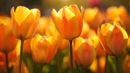 Vibrant yellow and orange tulips their edges illuminated by the golden rays of light ping through them.