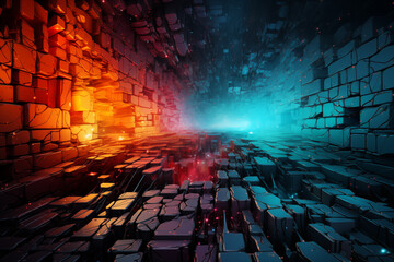 Digital Glowing Squares in Futuristic Perspective