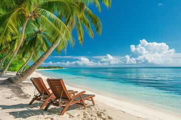 Chairs In Tropical Beach With Palm Trees On Coral Island. Vacation Banner. Relaxing under a palm...