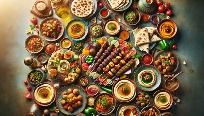 Vibrant Middle Eastern Feast with Kebabs, Hummus, and Tabbouleh for Cultural Food Photography