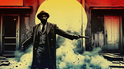 Stylized image of a black man in a fedora pointing a gun with dramatic smoke and a vibrant archway backdrop.