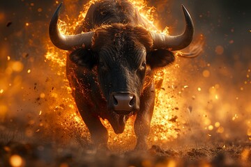 A bull engulfed in flames and radiating an aura of power and ferocity as fire dances around him. Bull concept in brute strength and indomitable energy.