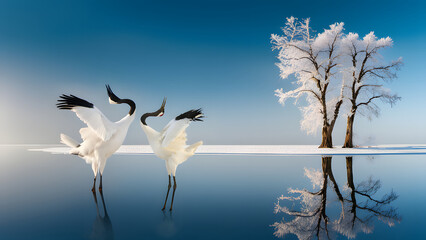 Dancing pair of Red-crowned crane with open wing in flight, with snow storm, Hokkaido, Japan - 729703951